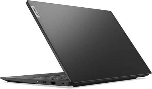 Black Lenovo laptop with lid slightly open