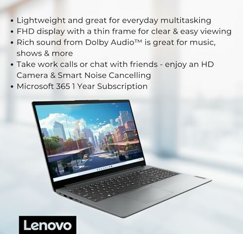 Lenovo laptop with features and cityscape on screen.