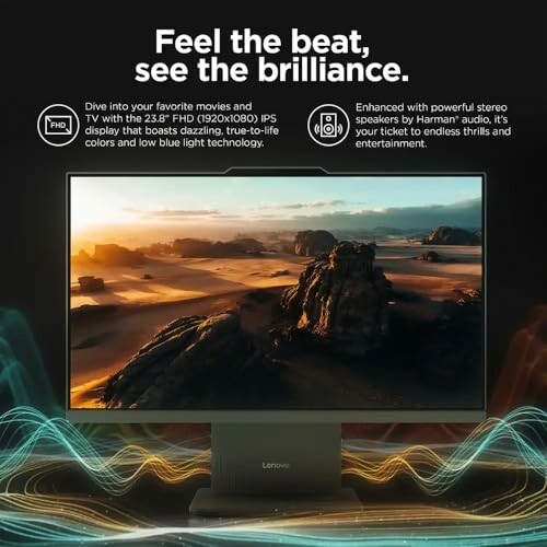 Advertisement for Lenovo monitor with text and visuals.