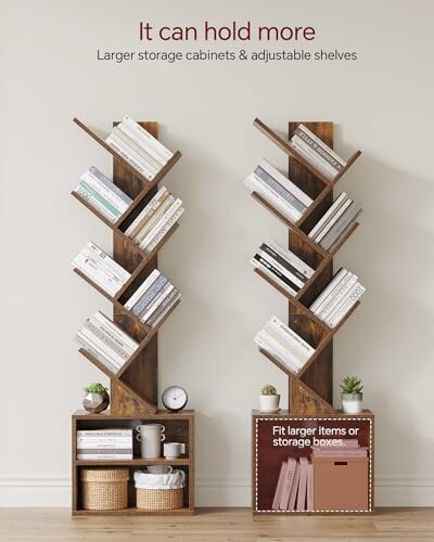 Two wooden bookshelves with books and storage boxes.