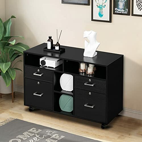 Black cabinet with drawers, shelves, and decorative items.