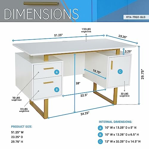 Modern desk with dimensions and weight limits labeled.