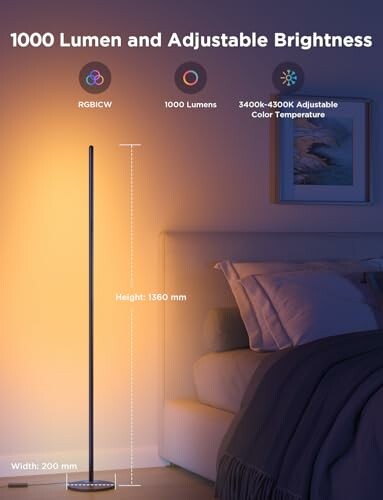 Floor lamp with adjustable brightness in a bedroom setting.
