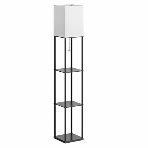 Modern floor lamp with shelves and white shade.