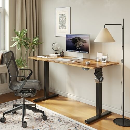 Modern home office with desk, chair, and computer.