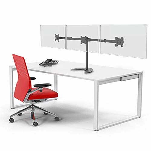 Modern office desk with red chair and monitor stand