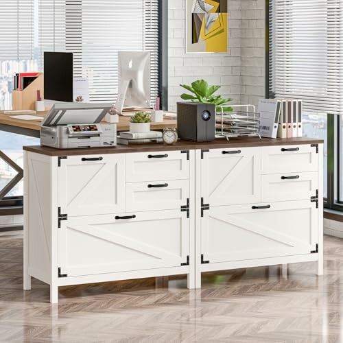 Modern office with white cabinets, printer, and office supplies.