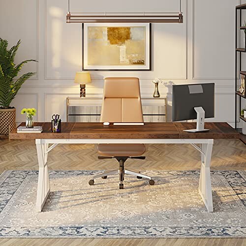 Modern office with desk, chair, computer, and decor