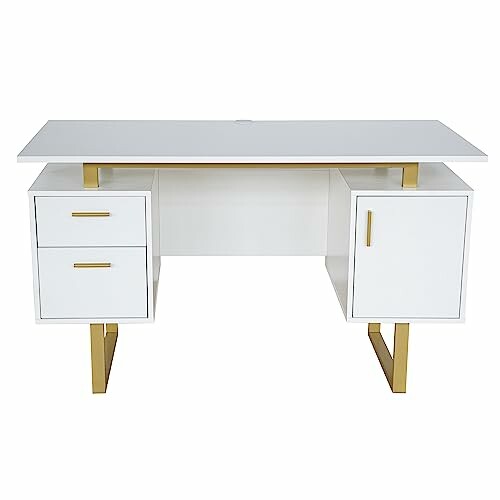 Modern white desk with gold accents, featuring drawers and a cabinet.