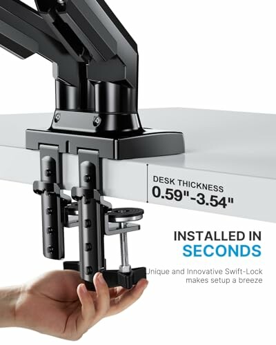 Monitor arm desk mount installation with Swift-Lock mechanism.