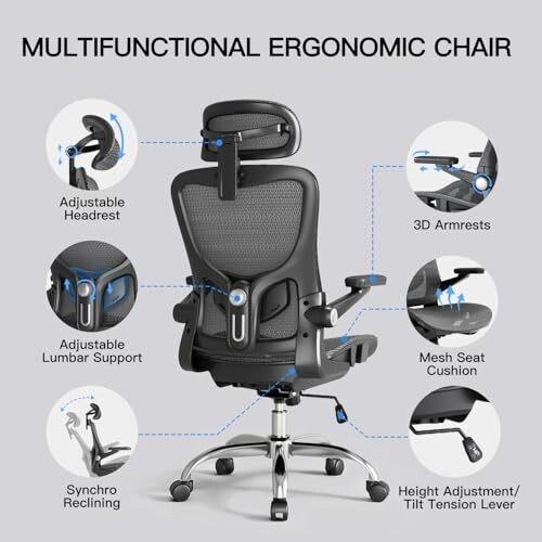 Ergonomic chair with adjustable features including headrest, lumbar support, armrests, and seat cushion.