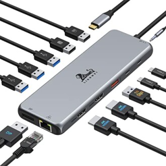 Multiport USB-C hub adapter with various connectors.