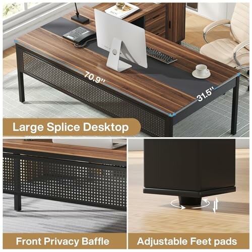 Office desk with computer, privacy baffle, and adjustable feet pads.