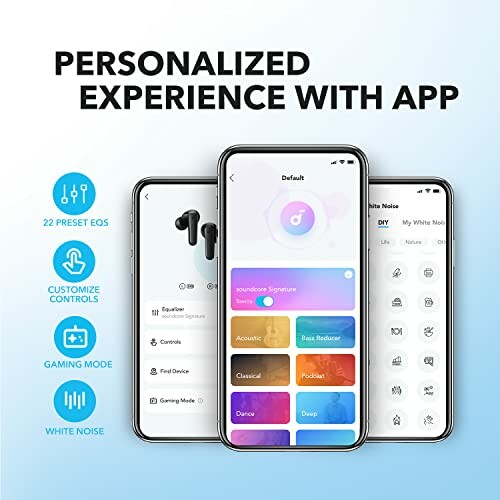 Smartphone screens displaying a personalized audio app with EQ settings and controls.