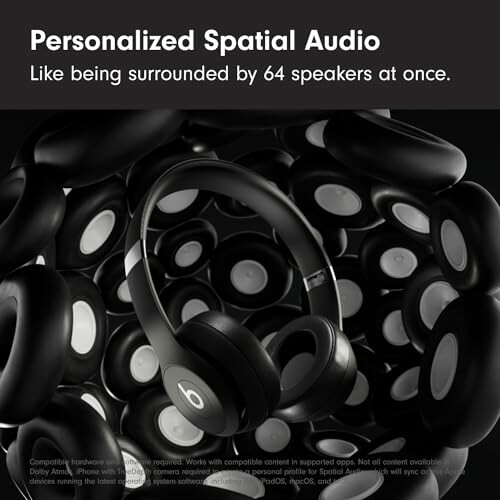 Headphones surrounded by multiple speakers showcasing personalized spatial audio.