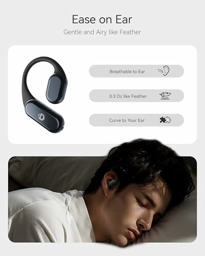 Man sleeping with ear device, featuring benefits like breathable, lightweight, and curved design.