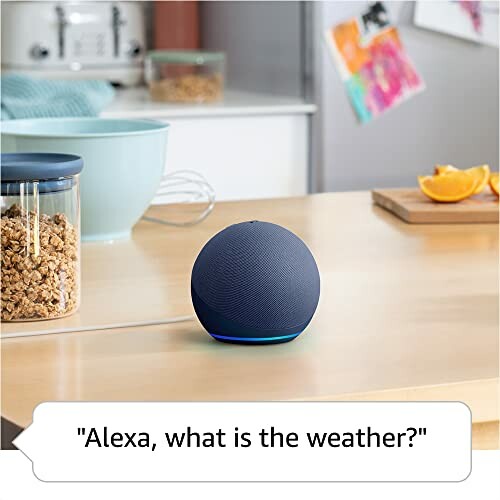 Smart speaker on kitchen counter with weather query.