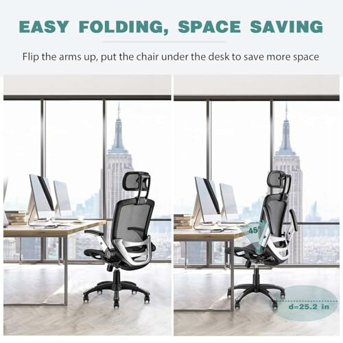 Office chair with foldable arms for space saving.