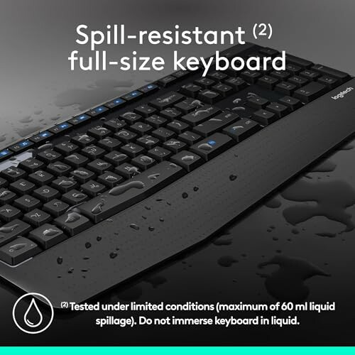 Spill-resistant full-size keyboard with water droplets
