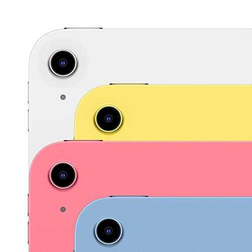 Close-up of camera lenses on colorful tablets in white, yellow, pink, and blue.