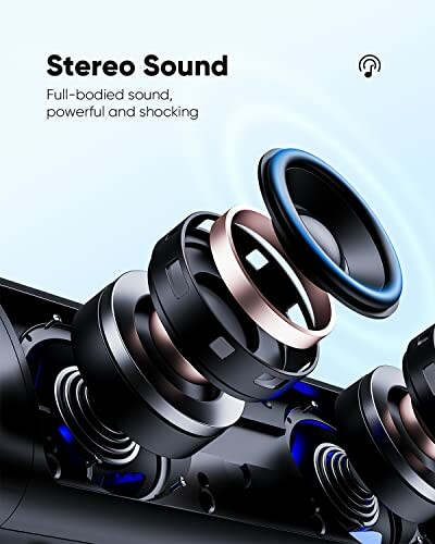 Exploded view of speaker components illustrating stereo sound.