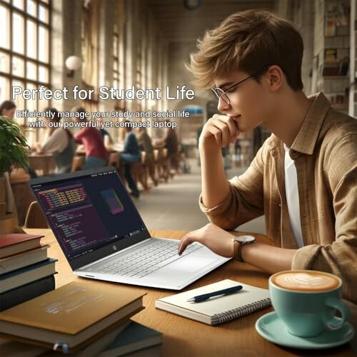 Student studying with laptop in a cafe