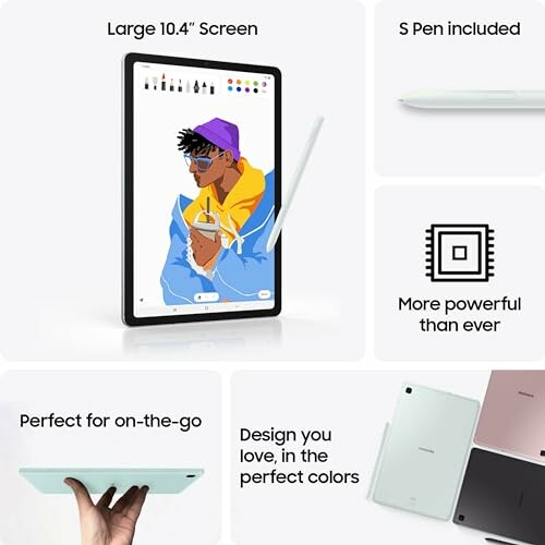 Tablet with large 10.4-inch screen, S Pen, powerful processor, portable design, and color options.