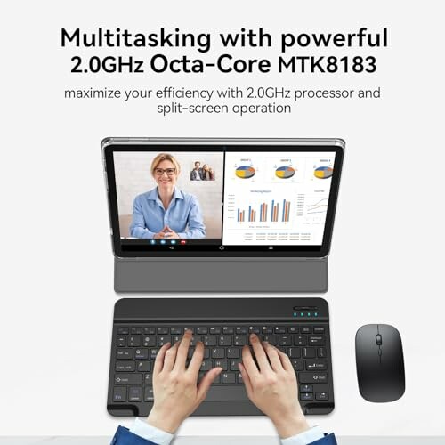 Tablet with keyboard and mouse setup for multitasking.