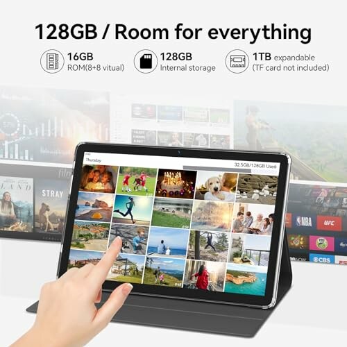 Tablet with 128GB storage and expandable options displayed on screen.