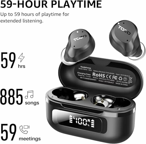TOZO earbuds with case showing 59-hour playtime.