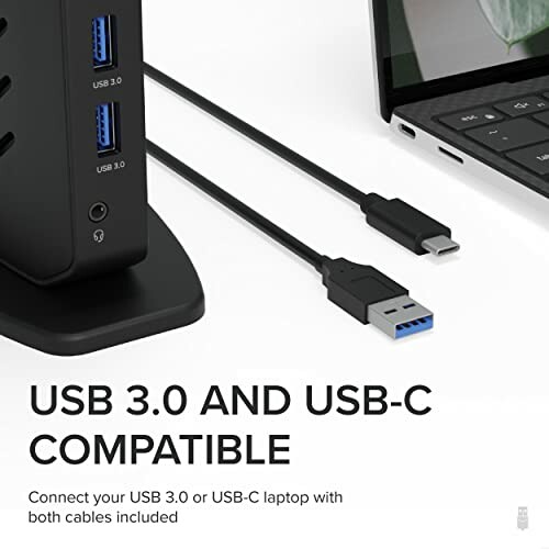 USB 3.0 and USB-C compatible docking station with cables.
