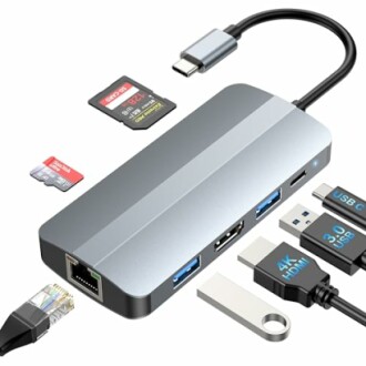 USB-C hub with multiple ports and connectors including HDMI, USB, and card readers.