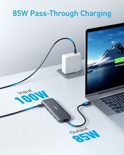 USB-C hub with pass-through charging connected to a laptop and power adapter.