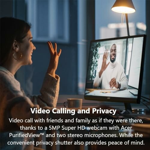 Woman video calling a man on a computer screen, highlighting privacy features.