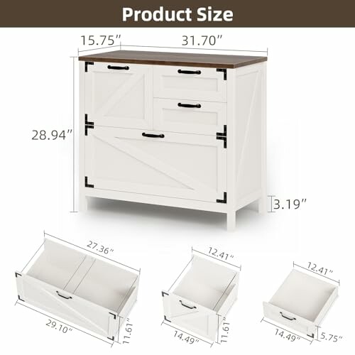 Dimensions of a white cabinet with drawers and compartments.