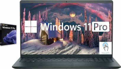 Laptop displaying Windows 11 Pro with a touch feature and scenic background