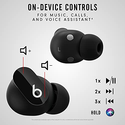 Black wireless earbuds with on-device controls for music, calls, and voice assistant.