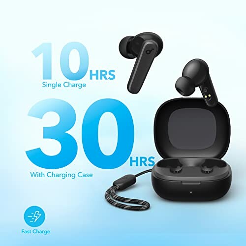 Wireless earbuds with charging case showing 10 hours single charge and 30 hours with case.