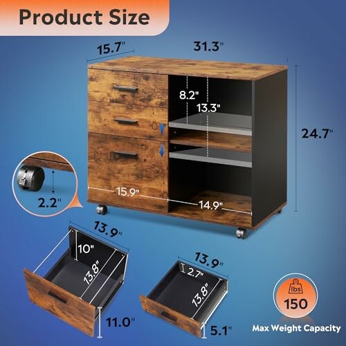 Wooden cabinet with drawers and shelves, showing product dimensions.