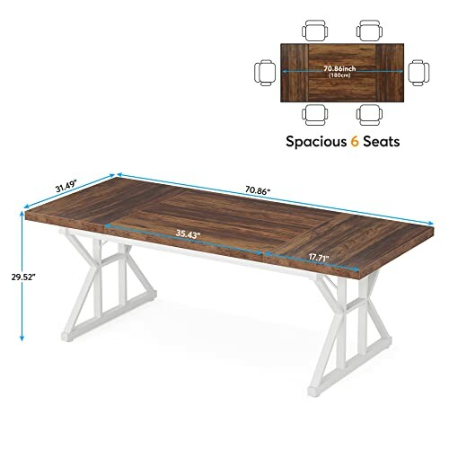 Wooden dining table with dimensions and seating capacity.