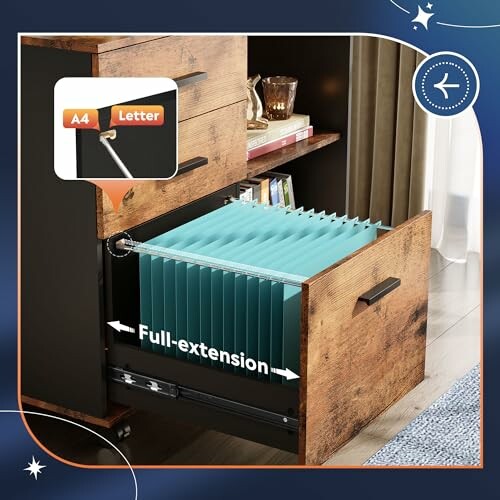Wooden file cabinet with open drawer showing hanging folders.