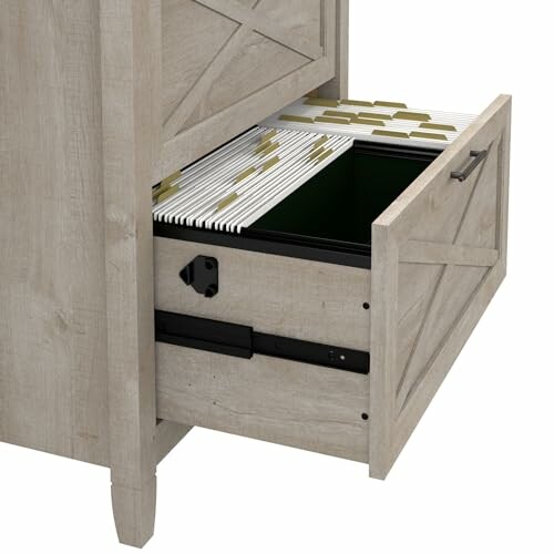 Wooden filing cabinet with an open drawer and file folders.