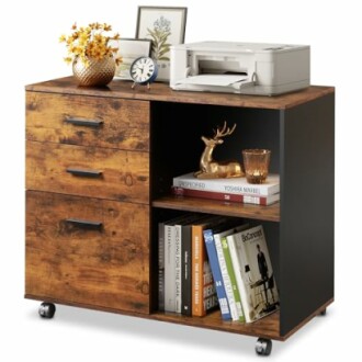 Wooden office cabinet with drawers, books, decor, and a printer on top.