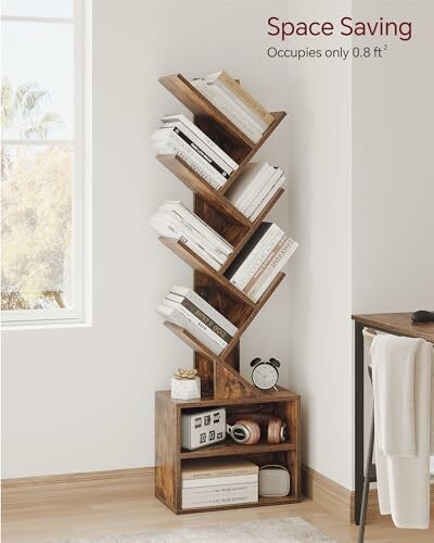 Wooden zigzag bookshelf with books and clock.