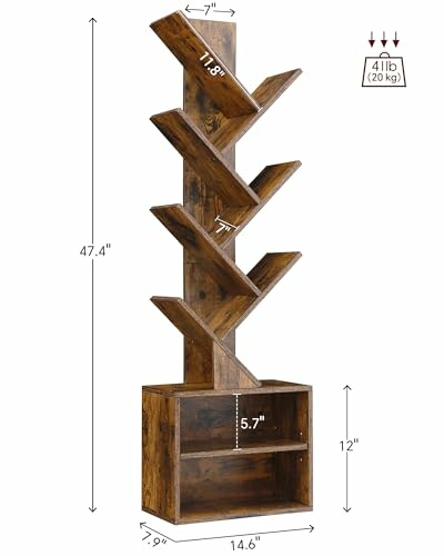Zigzag wooden bookshelf with dimensions and weight capacity.